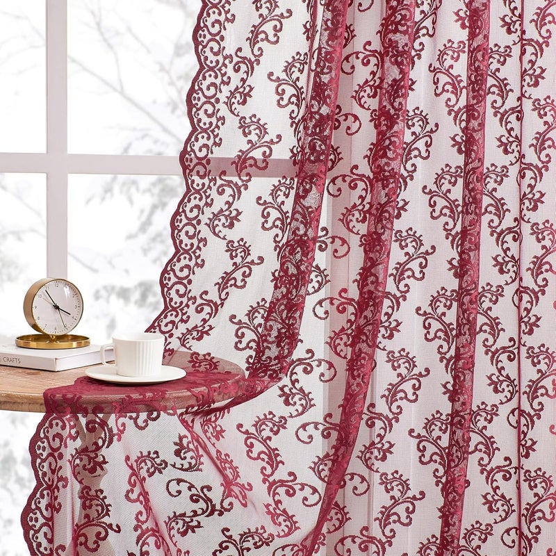 FOLKSIDE Burgundy Lace Curtains 84 Inches Long 2 Panels - Modern Romantic Maroon for Bedroom Living Room, Rod Pocket Light Filtering Sheer French Drapes, Wine Floral Rose Decor, 52x84 - Image 2